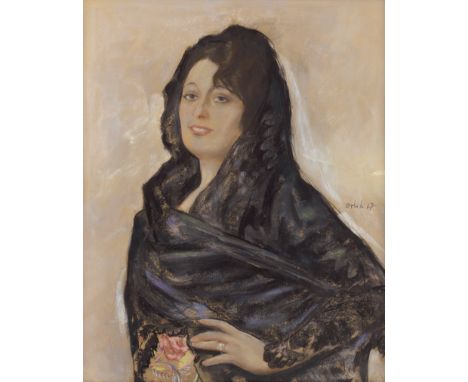 Orlik, Emil -- Portrait einer Frau mit schwarzem SchleierPastell auf fester Malpappe. 1917.67,2 x 55,3 cm.Rechts mittig mit K