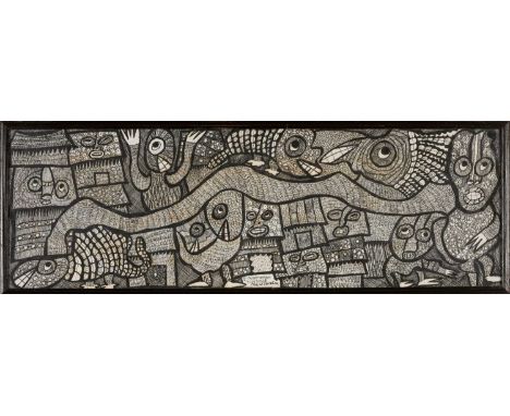 CHIEF ZACHEUS OLOWONUBI OLORUNTOBA (Nigerian 1934-2014) pen and ink on muslin - detailed collage of faces, figures and patter