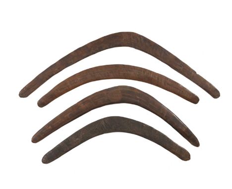 FOUR ABORIGINAL BOOMERANGS, Australia, three lightly incised with dreamtime motifs, largest 68cms (w)Provenance: private coll