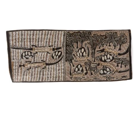 DJAMBAWA MARAWILI (Australian Yolngu, b. 1953) earth pigments on eucalyptus bark - Baru (crocodile) Nest Dreaming, inscribed 