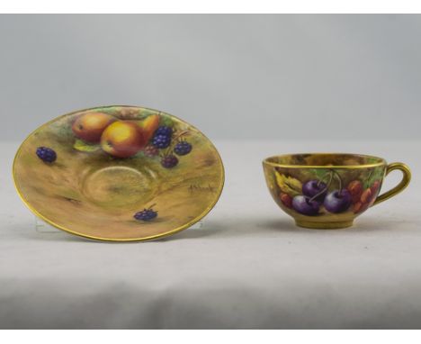 Royal Worcester Hand Painted Matched Miniature Cup and Saucer ' Fallen Fruits ' Signed A. Shuck and H. Price. Dates 1941 & 19