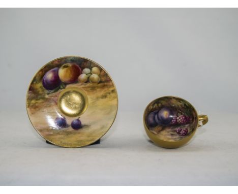 Royal Worcester Hand Painted Matched Miniature Cup and Saucer ' Fallen Fruits ' Signed Sedgley and Price. Dates 1921 & 1917. 