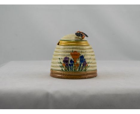 Clarice Cliff Hand Painted Lidded Honey Pot ' Crocus ' Design. Date 1929. ' Bizarre ' Range. 3.75 Inches High.