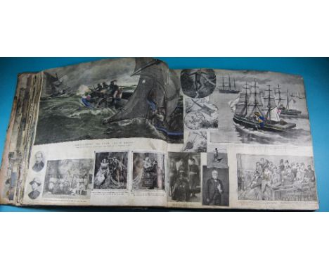 Large Victorian Scrap Album Containing Hundreds Of Newspaper Leaflet Illustrations, Some Hand Coloured With Military Interest