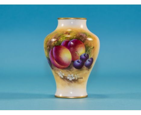 Royal Worcester Signed Hand Painted Vase ' Fallen Fruits ' Signed H. Ayrton. Date 1933. Height 4.25 Inches. 