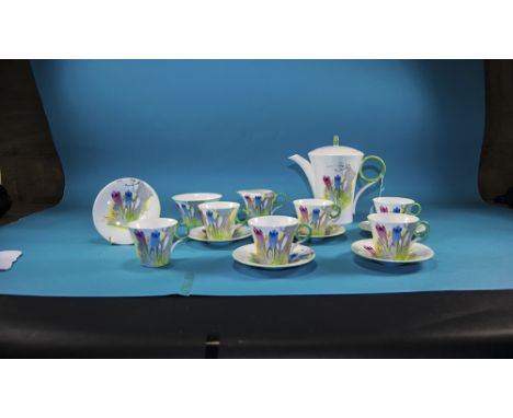 Shelley - Art Deco 15 Piece Tea Service ' Crocus ' Pattern Num. 2164, Regent Shape, Yellow, Blue and Purple Crocuses with Gre