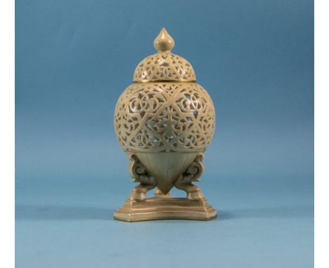 Royal Worcester Reticulated Lidded Ivory Pot Pourri Supported on Tripod Legs. Date 1910. 6.25 Inches High. 