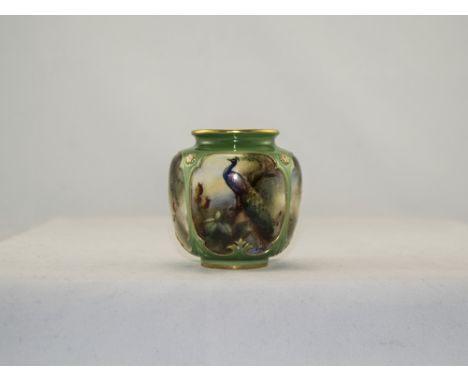 Royal Worcester Hadleys - Small Hand Painted Vase ' Peacock ' In a Woodland Setting. Date 1905. Shape No.162. 3.25 Inches Hig