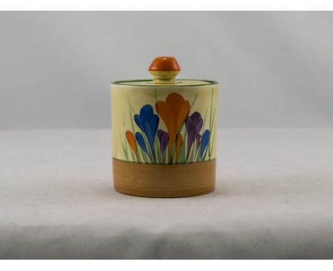 Clarice Cliff Hand Painted Lidded Preserve Pot ' Crocus ' Design. Date 1929, Bizarre Range. 3.5 Inches High. 