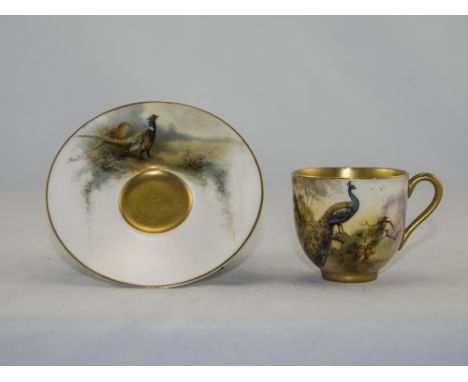 Royal Worcester Hand Painted Matched Miniature Cup and Saucer ' Peacock and Pheasant ' In a Woodland Setting. Signed Sedgley 