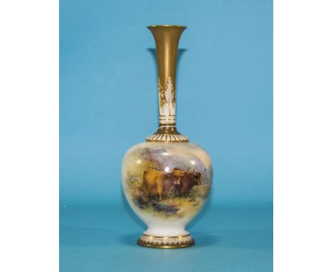 Royal Worcester Hand Painted Globular Shaped Specimen Vase ' Highland Cattle ' Signed Harry Stinton. Date 1917. Stands 9.25 I