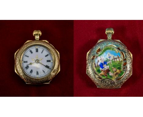 Swiss Fine 15ct Gold and Enamel Octagonal Shaped Ladies Fob Watch. Marked 625 - 15ct. Hallmark - Import Mark Birmingham 1912.