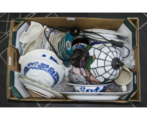 Box Containing A Quantity Of Pottery To Include Blue & White, Saucers, 50's Style Lamp Etc.