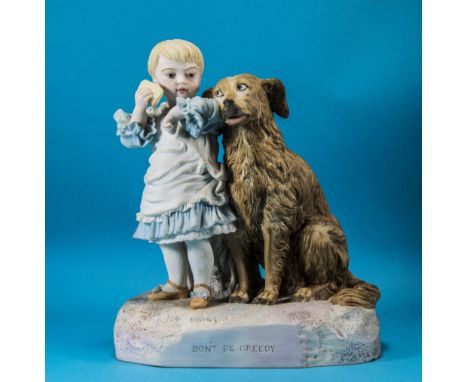 Robinson and Lead Beater Large Hand Painted and Rare Bisque Figure, Title ' Don't be Greedy ' Child and Dog. c.1880-1890. 12.