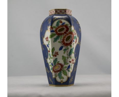 Royal Worcester Hexagonal Shaped Vase with Floral Images on Blue and White Ground. c.1880's. Stands 7.5 Inches High. 