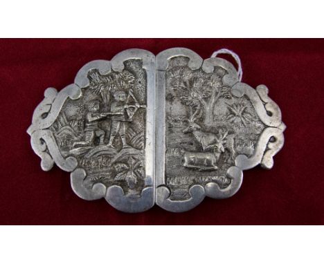 Antique Anglo Indian Silver Belt Buckle, with Hunting Scenes - Figures In High Relief. 4.5 Inches Diameter. Very Good Conditi