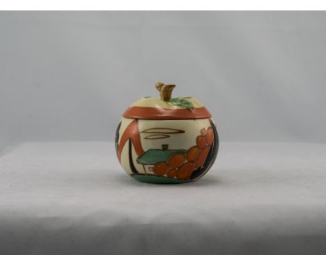 Clarice Cliff Hand Painted Preserve Pot and Cover ' Trees and Houses ' Pattern. c.1929. Height 3.5 Inches, Over painting to O