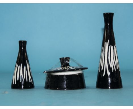 Midwinter Jessie Tait Designed 3 Piece Cruet Set. White Streaks on Black Ground. Excellent Condition. 