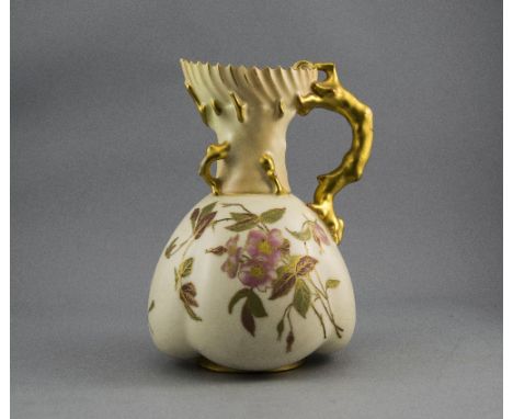 Royal Worcester Hand Painted ' Blush Ivory ' Jug / Pitcher, Decorated with Floral Images and Naturalistic Gold Painted Handle