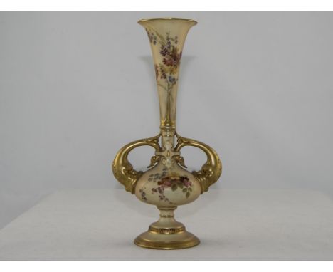 Royal Worcester Hand Painted Eastern Style Twin Fish Handle Blush Ivory Specimen Vase, Decorated with Images of Spring Flower