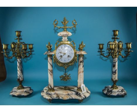 French Late 19th Century Marque Deposee Marble and Brass Clock Garniture Set with 8 Day Striking Movement on a Bell with Oute