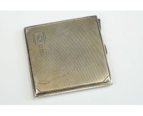 Art Deco silver cigarette case with engine turned decoration, gilt interior, engraved monogram, hallmarked Birmingham 1936, m
