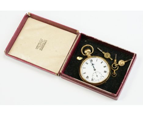 Gold plated Vertex Revue open face top wind pocket watch, white enamel dial and seconds dial, black Roman numerals and poker 