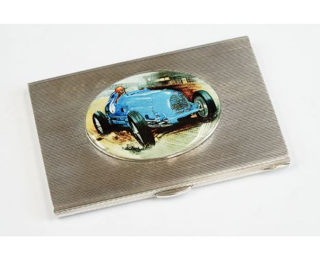 Italian enamelled silver cigarette case, the enamelled plaque depicting vintage racing car, reeded surround, stamped 800, dim