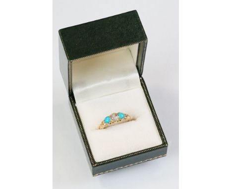 Late 19th century diamond and turquoise unmarked yellow gold ring, the cushion cut diamond weighing approx 0.40 carat, assess