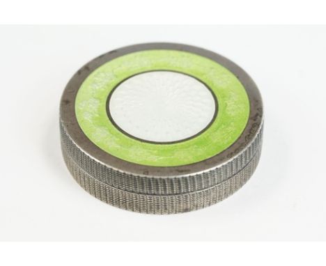Levi &amp; Salaman - Edwardian silver &amp; guilloche enamel circular pill box, the lid with white guilloche enamel engine tu