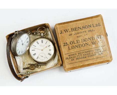 Late 19th century JW Benson silver open face key wind pocket watch, hallmarked London 1895, engine turned case and vacant car