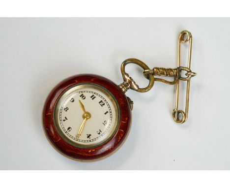 Enamelled rose and white metal fob watch, red enamel, silvered dial, black Arabic numerals, gilt pencil hands, diameter appro