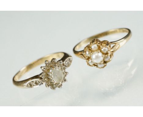 Pearl 9ct yellow gold flower head ring, size M½; together with a white stone 9ct yellow gold and white gold set ring, size M 