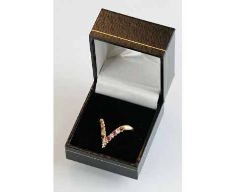 Ruby and diamond yellow metal wishbone ring, six small round mixed cut rubies, six small round eight cut diamonds, shared cla