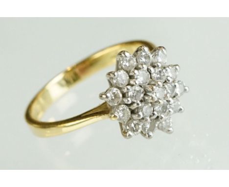 Diamond three tier 18ct yellow gold ring cluster ring, round brilliant cut diamonds, claw set, diameter of head approx 12mm, 