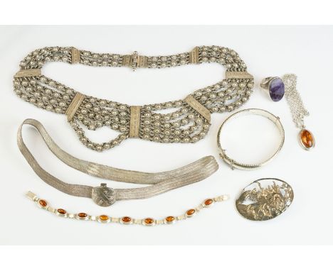 Collection of silver jewellery to include amber bracelet and pendant necklace; fluorite ring; silver hinged bangle; white met