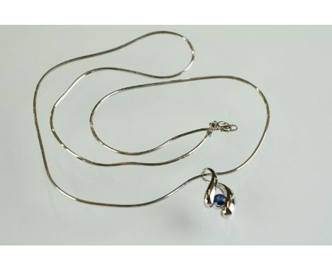 Sapphire 18ct white gold pendant necklace, round mixed cut blue sapphire diameter approx 3.5mm, length of pendant approx 2cm;