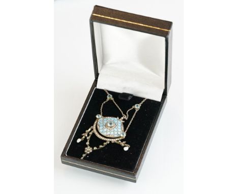 Enamelled seed pearl and paste white metal pendant necklace, blue enamel, split seed pearls and baroque pearls, length approx