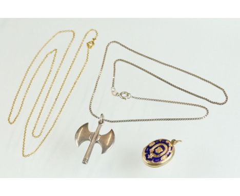 Enamelled yellow metal oval locket and a yellow metal chain; together with a silver axe pendant and silver box link chain (2)