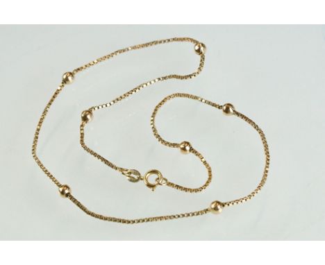 9ct yellow gold necklace, box link chain with seven bead spacers, bolt ring clasp, length approx 36cm 