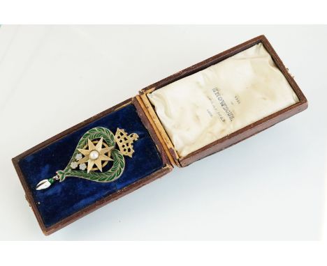 Mid Victorian 'Star of Snowdoun' enamel and pearl parcel gilt pendant brooch, crowned heart design, with green enamel laurel 