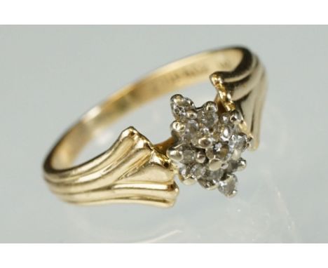 Diamond 14ct yellow gold marquise cluster ring, small round brilliant cut diamonds, ring size N½; 