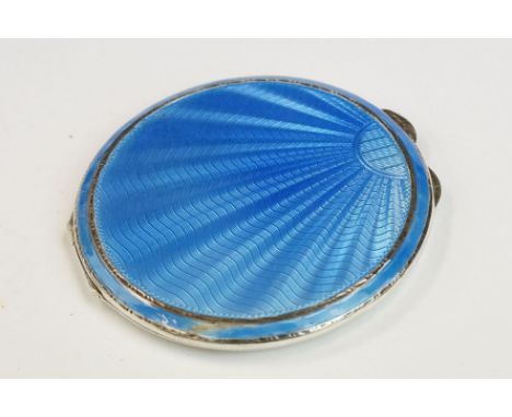 Asprey &amp; Co Ltd - Art Deco silver &amp; blue guilloche enamel powder compact, circular form with engine turned sunburst d