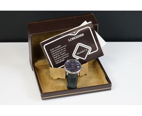Gents Longines date watch.  Blue dial. Quartz movement. Original box and instruction manual. 