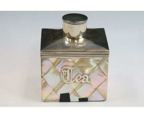 Late Victorian silver and mother-of-pearl tea caddy of rectangular form, the plain polished lid with ribbed sides, monogramme