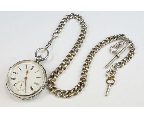 Late Victorian silver open face key wind pocket watch, engine turned case with blank cartouche, white enamel dial and seconds