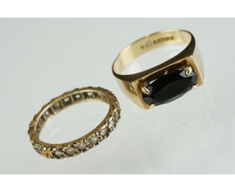 Black stone 9ct gold ring, oval mixed cut black stone, claw set to rectangular head, ring size N½; together with a paste set 