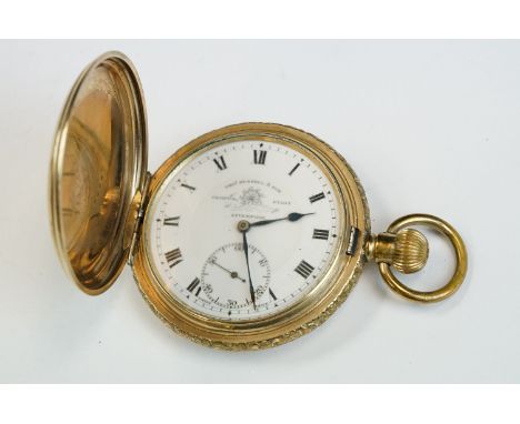 Gold plated full hunter top wind pocket watch, Russell &amp; Son of Liverpool, white enamel dial and seconds dial, black Roma
