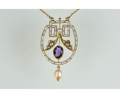 Edwardian amethyst, pearl and enamelled 18ct yellow gold pendant necklace, the white enamelled openwork pendant with oval mix