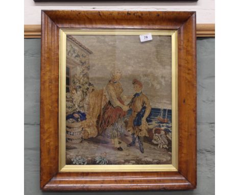 A 19th Century woolwork tapestry of a mariner and wife in seashore setting, 15" x 13"